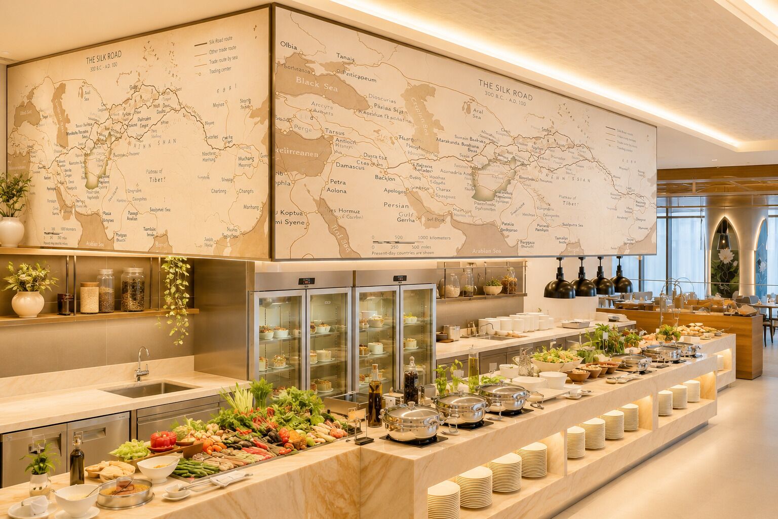 Ein reichhaltiges Buffet mit verschiedenen Speisen, eine große Karte an der Wand und ein moderner Küchenbereich.