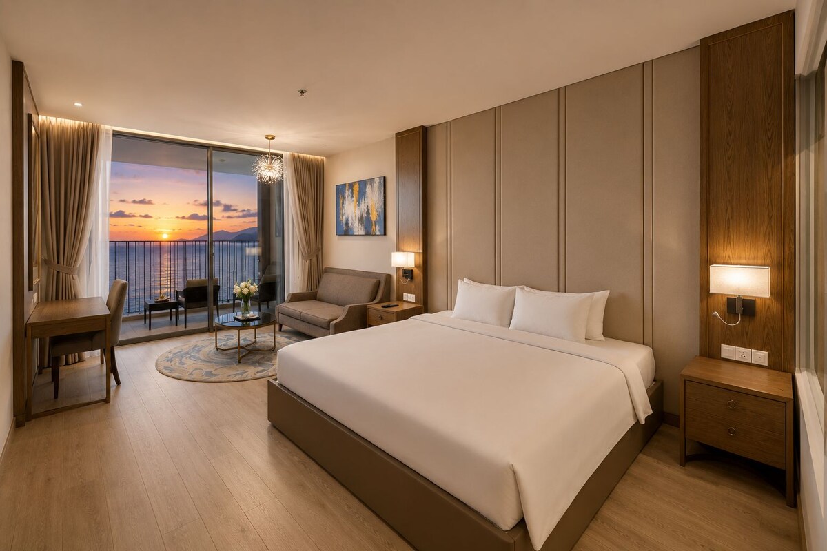 A hotel room with a large bed, a desk, a chair, a small table with flowers, a nightstand, and a view of the sunset.