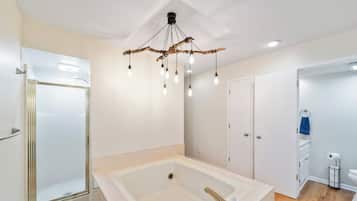 Shower, jetted bath, hair dryer, towels