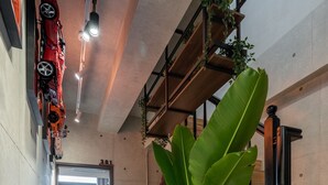 Ein modernes Interieur mit Fischgrätparkett, einer Treppe mit schwarzen Geländern und einer großen Küstenpflanze.