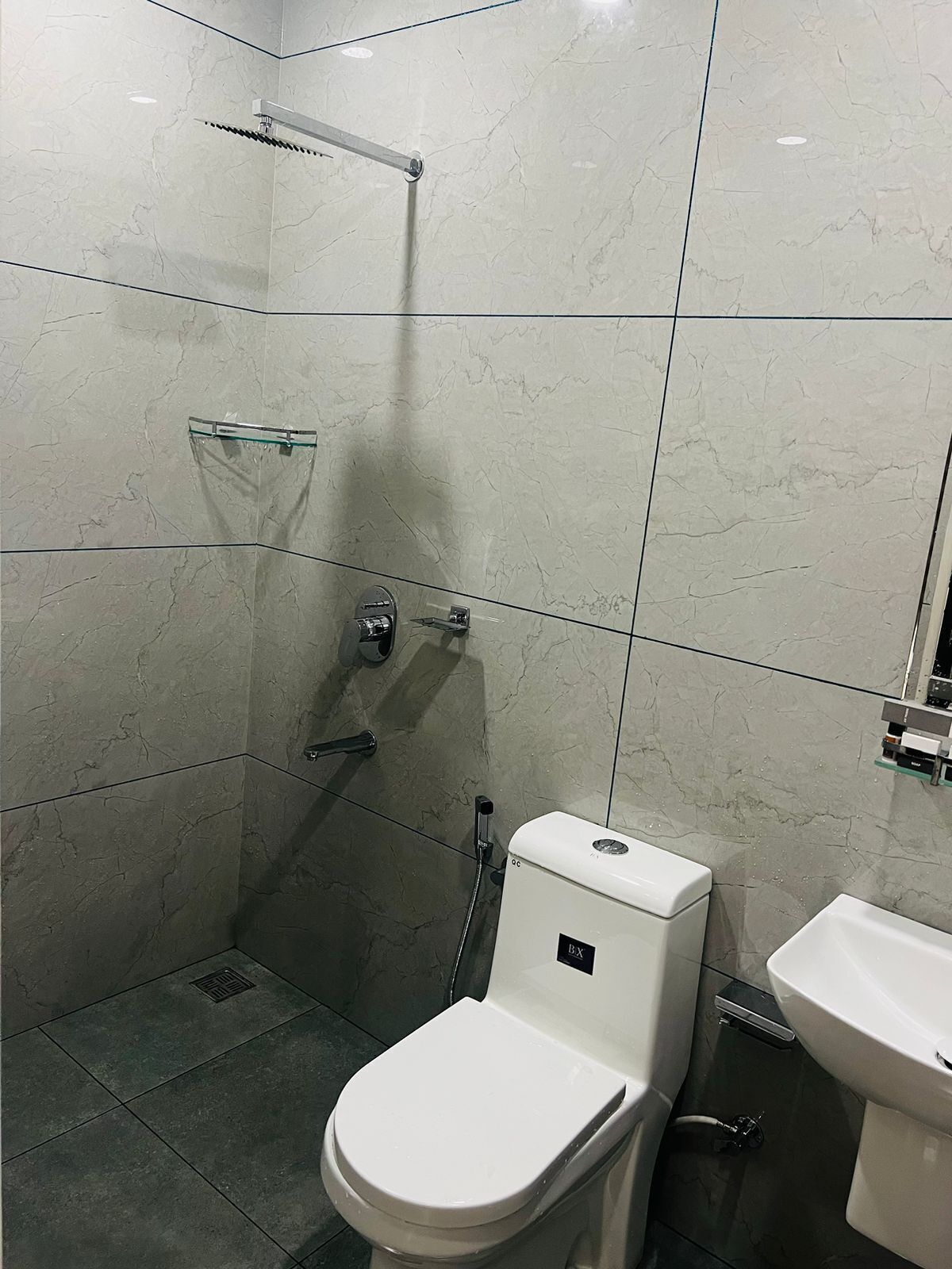 Une salle de bain équipée de toilettes, d’un bidet et d’une douche.