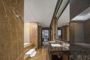 A modern bathroom with marble walls, multiple sinks, and a large mirror. - Wuhan Meichen Yueshang Boutique Hotel (Wuhan)