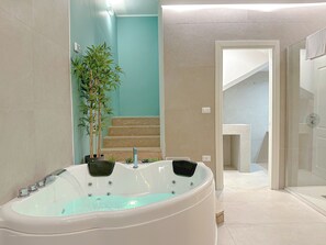 Shower, jetted tub, hair dryer, bidet