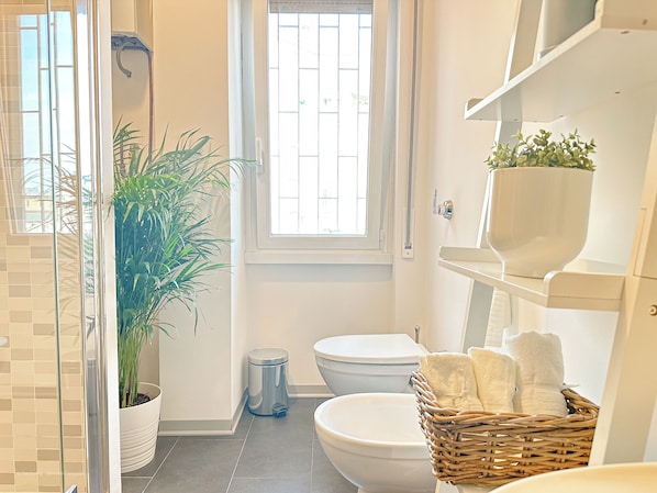 Dusche, Haartrockner, Bidet, Handtücher