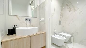 Shower, hair dryer, bidet, towels