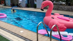 En pool med en rosa uppblåsbar flamingo och en metallstege.