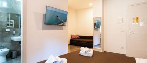 Une chambre d’hôtel avec un lit, une salle de bain équipée d’un bidet, une télévision et un tableau.