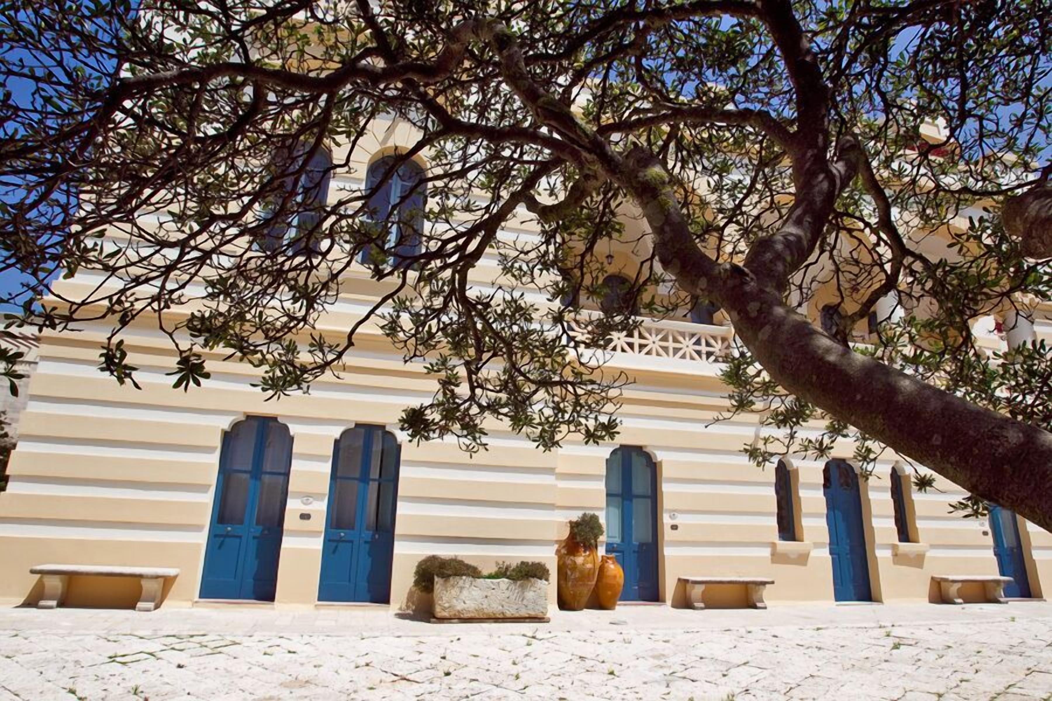 A building with multiple blue doors and windows, a tiled courtyard, and a tree in the foreground.