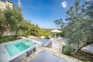A pool area with stone steps, outdoor furniture, and olive trees.