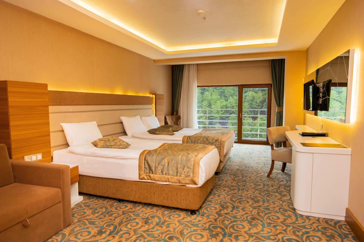 Een hotelkamer met twee bedden, een bureau, een stoel en een televisie.