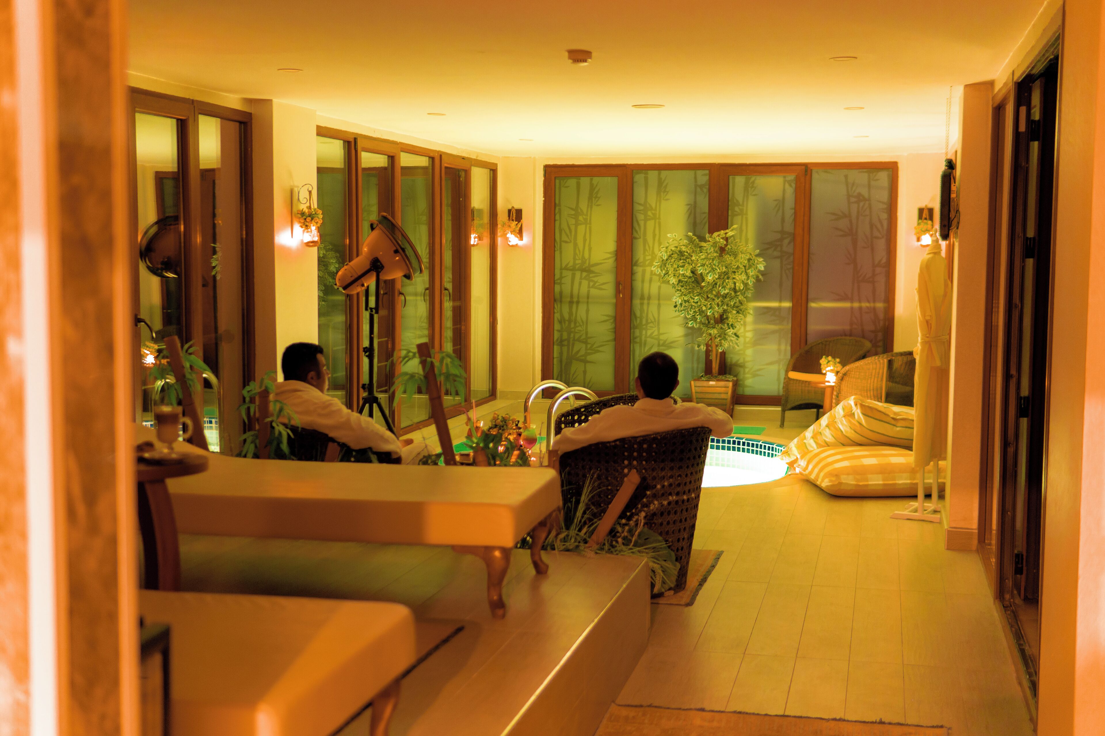 A modern interior with a dining area, a sofa, and a view of a pool.