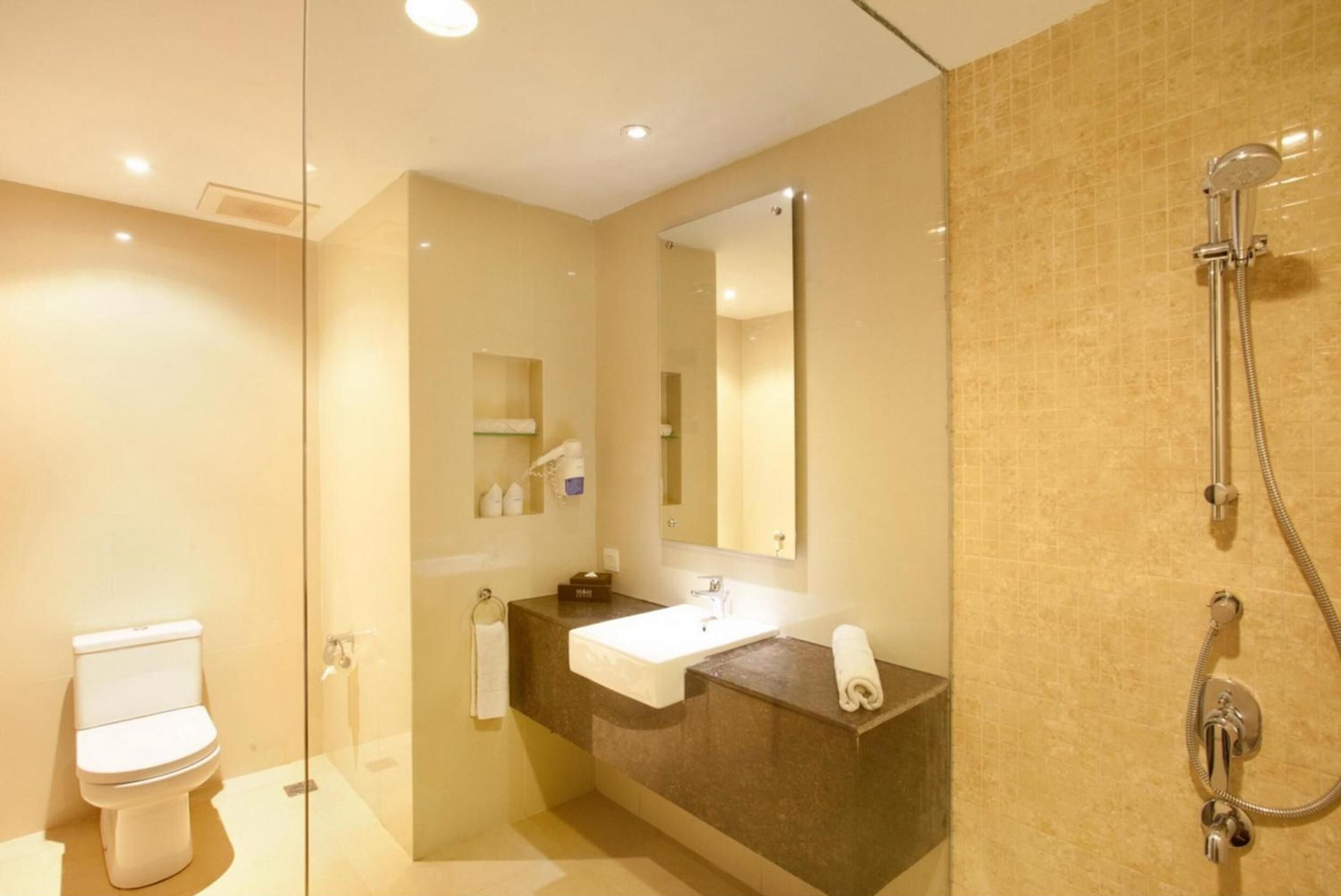 Une salle de bain moderne avec une douche à parois de verre, un lavabo blanc et un grand miroir.