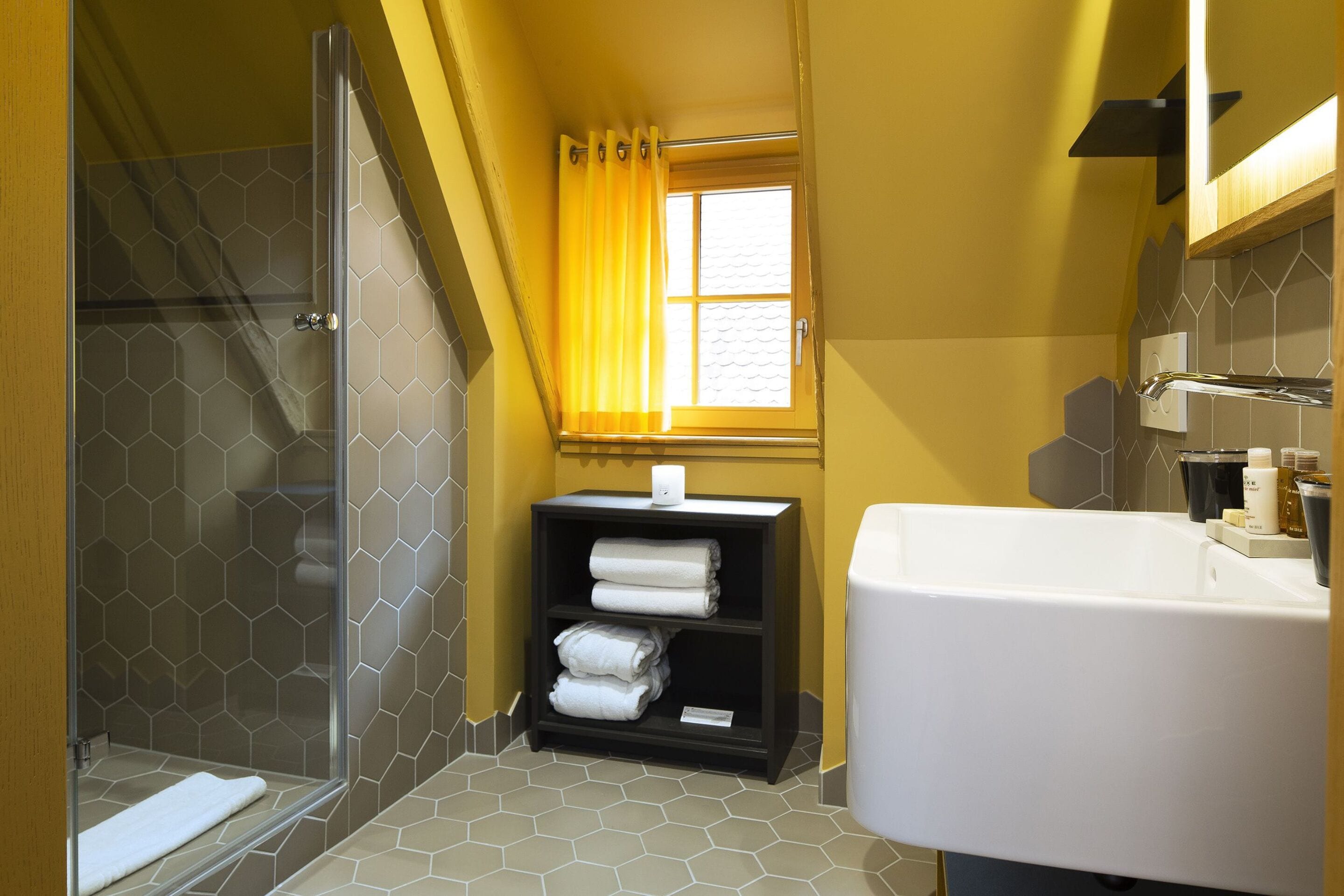 deluxe room | bathroom | shower, designer toiletries, hair dryer, bathrobes