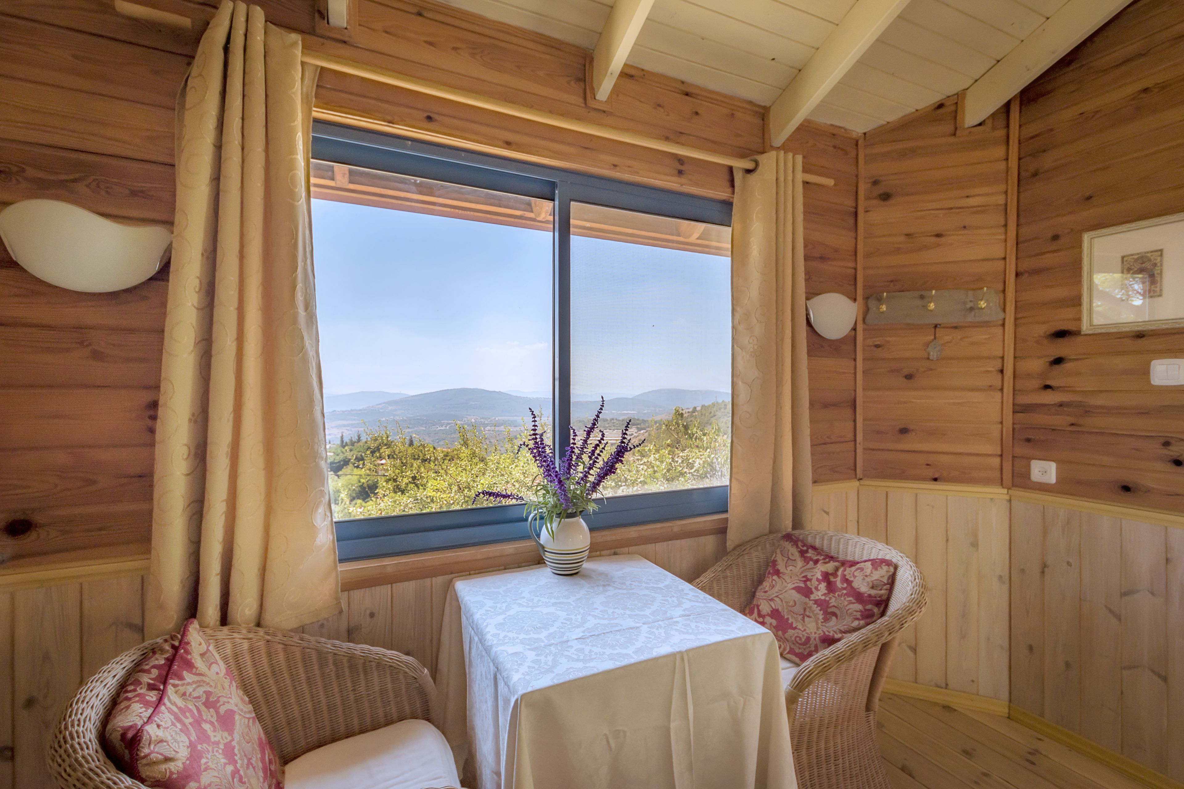 A wooden cabin room with a table and two chairs, a window with a view of mountains, and a vase with flowers.