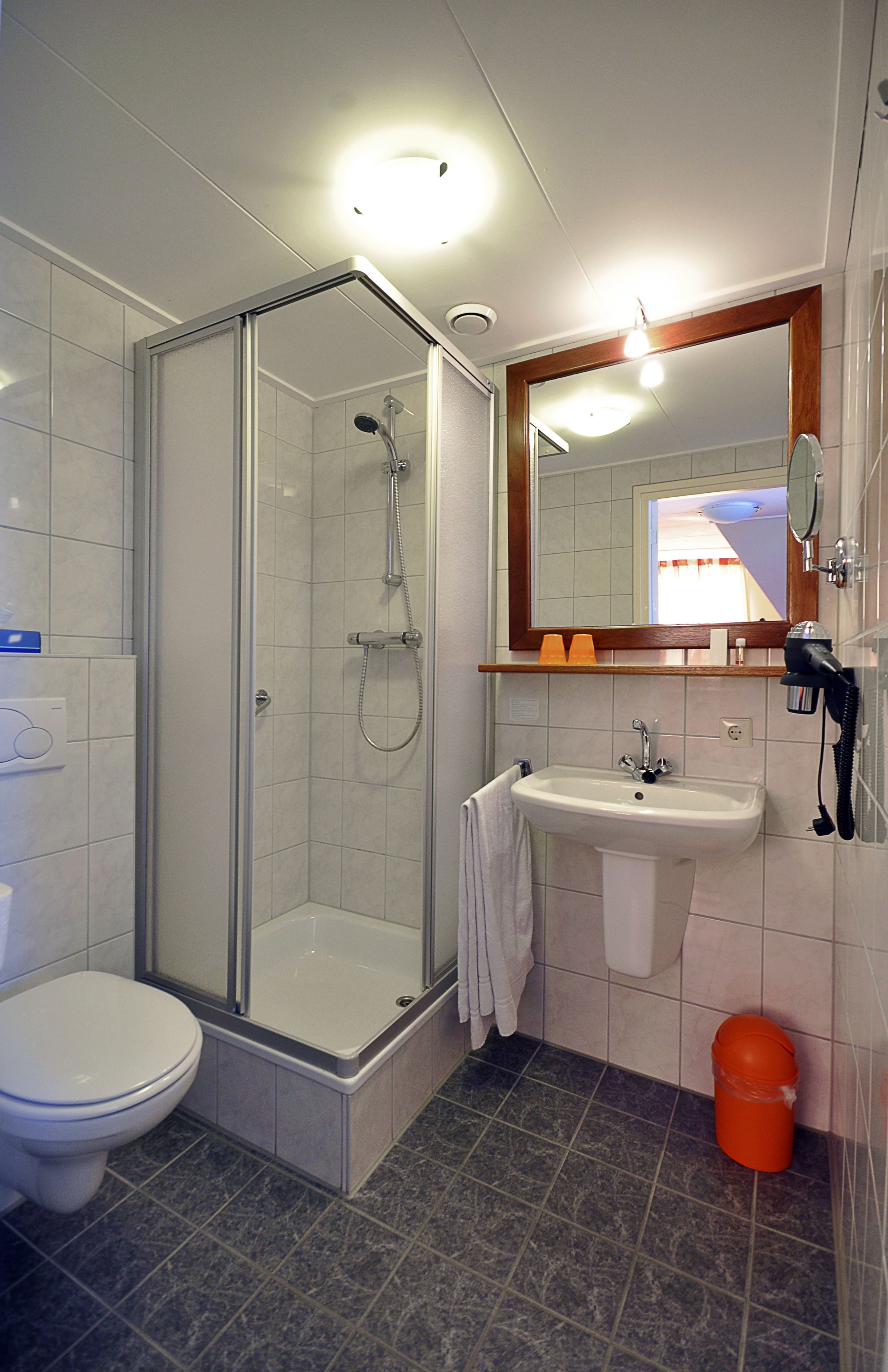 A bathroom with a glass-enclosed shower, a sink, and a toilet.