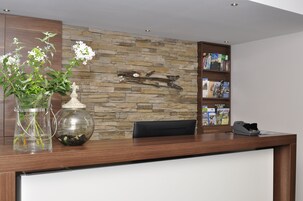 Uma mesa de recepção com parede de pedra ao fundo, um vaso de vidro com flores, uma estante de madeira com livros e uma cadeira preta.