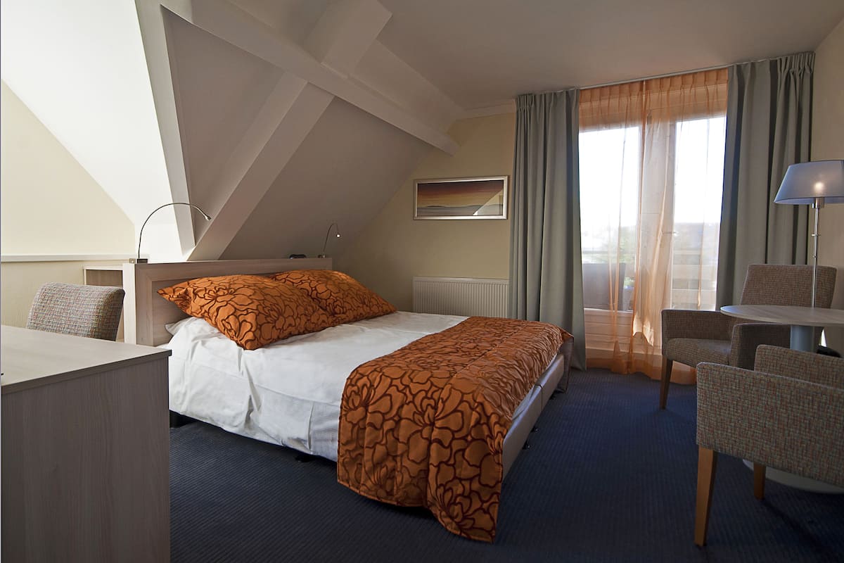 A hotel room with a bed, a desk, a chair, and a view of the outdoors.
