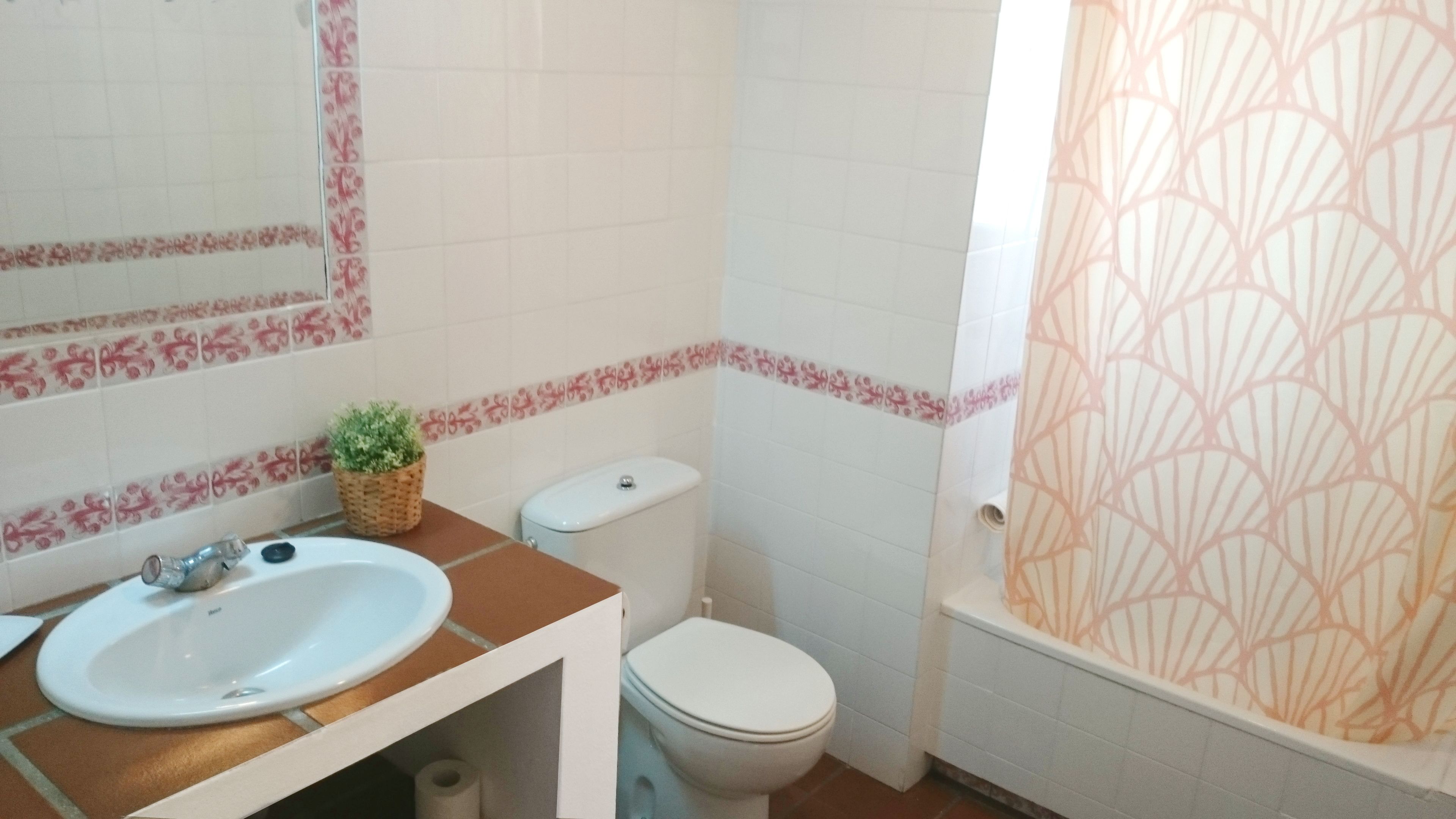 Une salle de bain équipée d’un lavabo, de toilettes et d’un rideau de douche.