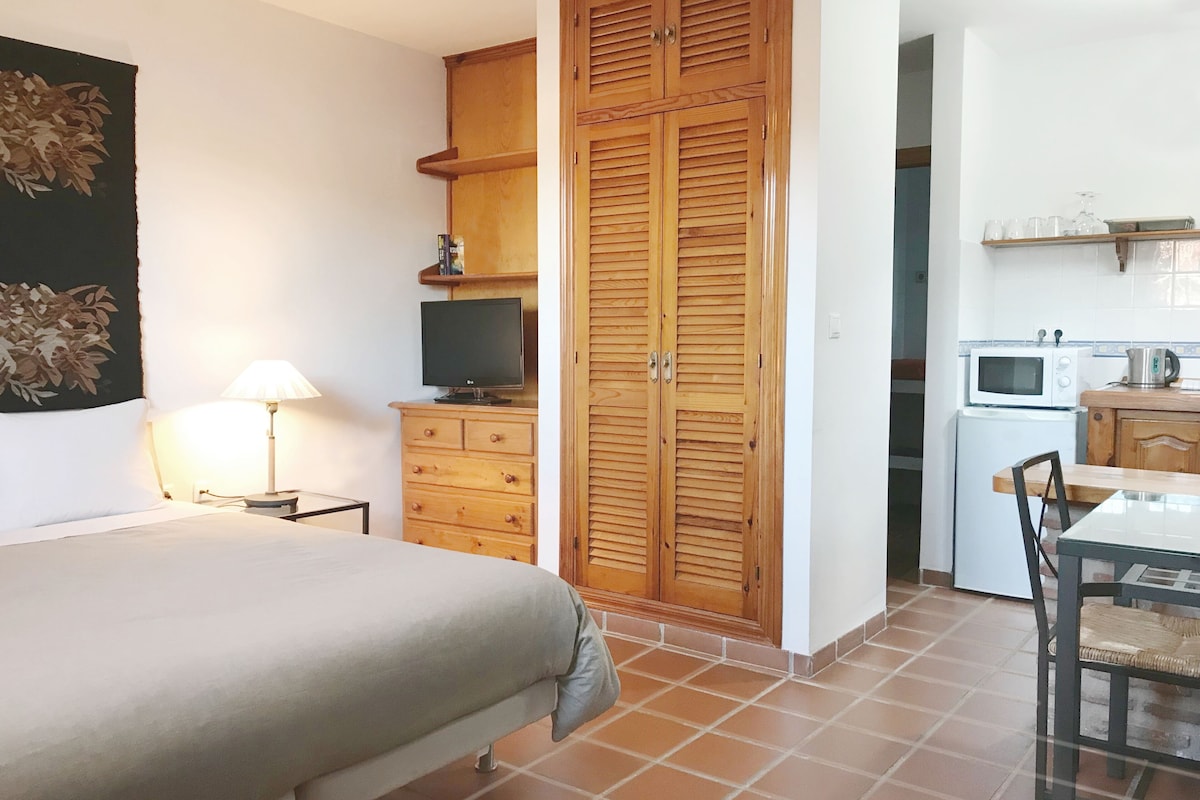 Une chambre comprenant un lit, une télévision, une armoire en bois, un bureau avec une chaise, et un coin cuisine équipé d’un four à micro-ondes et d’une bouilloire.