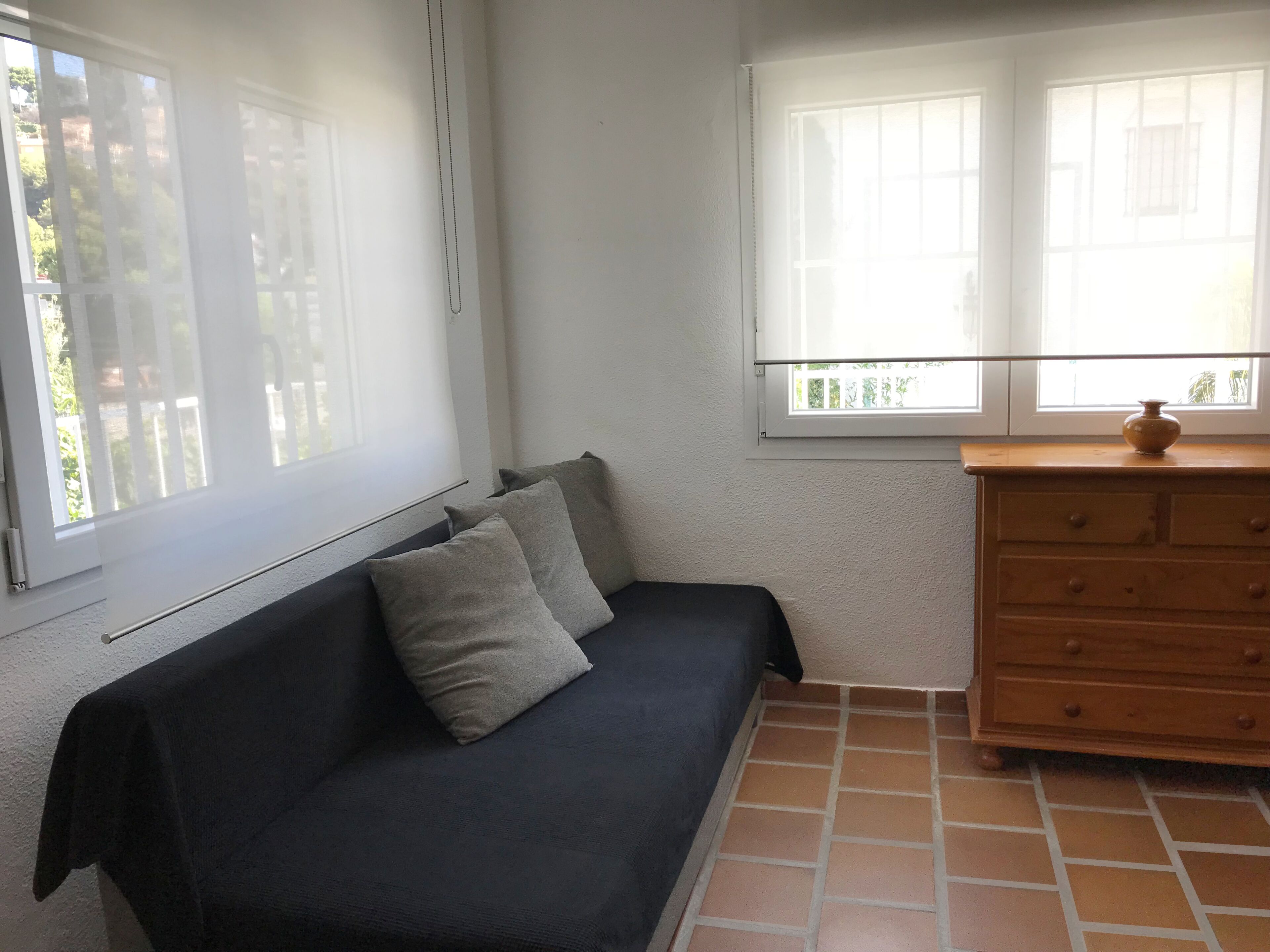 A room with a dark sofa, a wooden dresser, and a window with blinds.