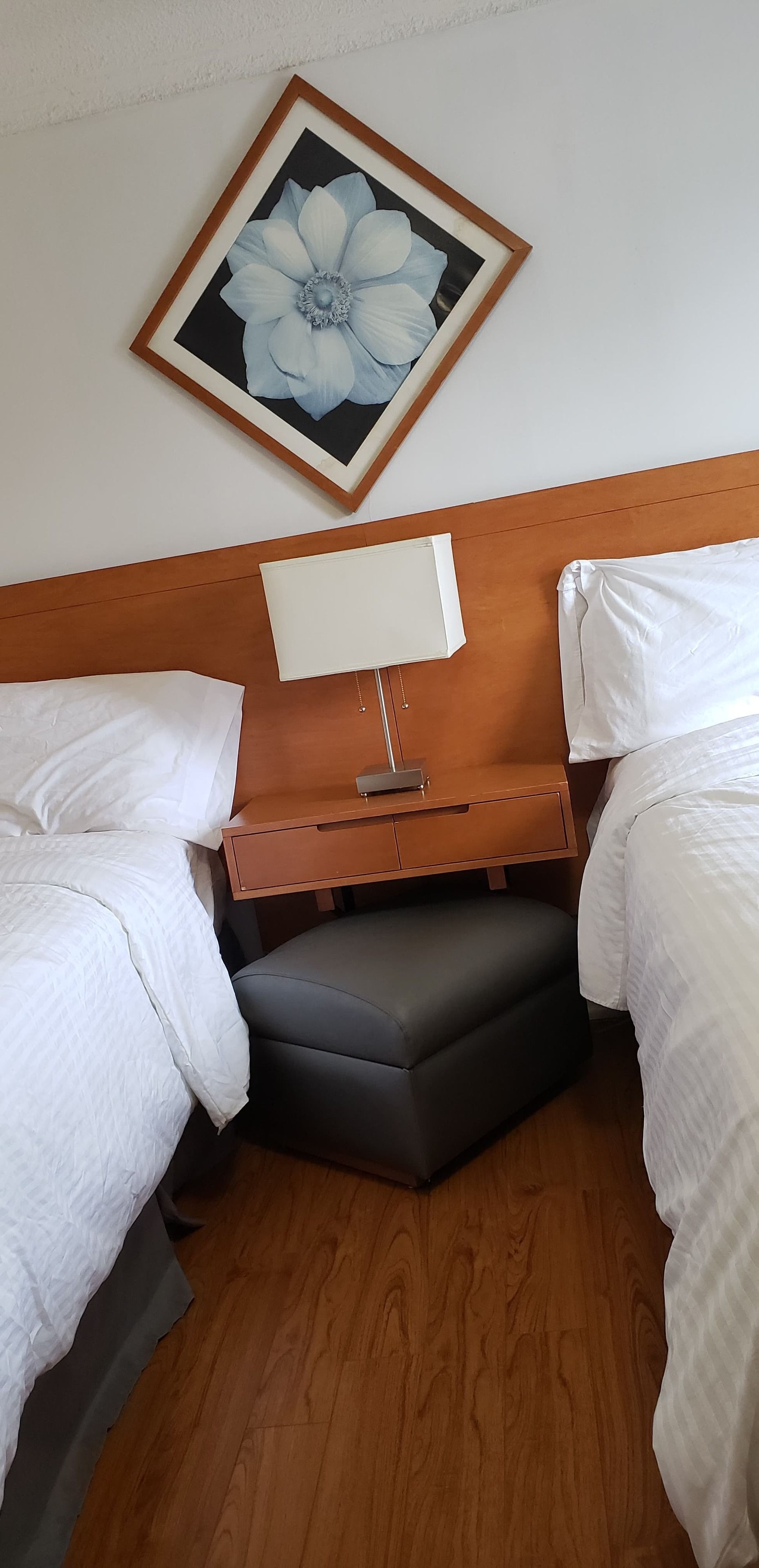 A hotel room with two beds, a wooden headboard, a nightstand with a lamp, and a framed floral artwork on the wall.
