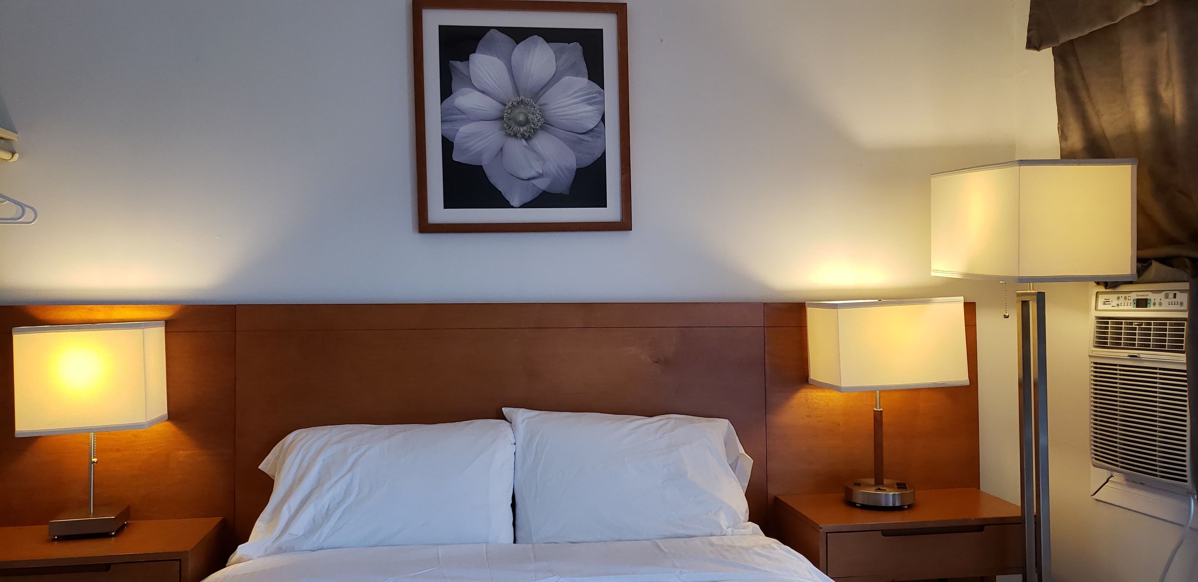 Een hotelkamer met een bed, twee bedlampen, een schilderij van bloemen in een lijst en een airconditioning.