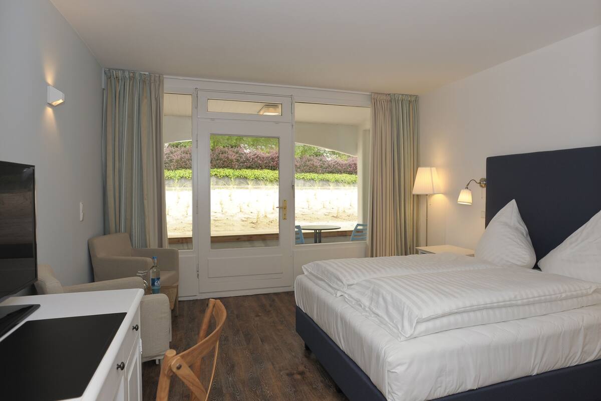 A hotel room with a bed, a desk, a chair, a TV, and a view of a garden through the door.