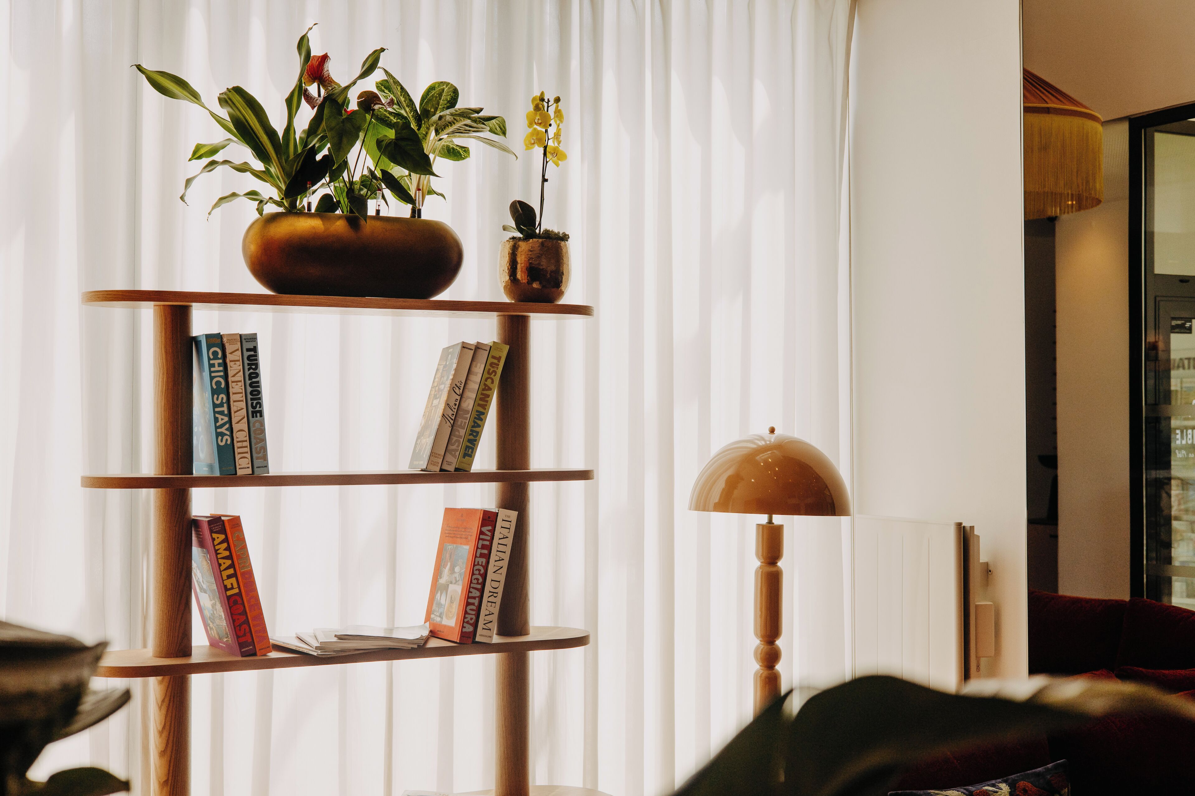 Una estantería con libros y plantas, una lámpara y una ventana con cortinas.