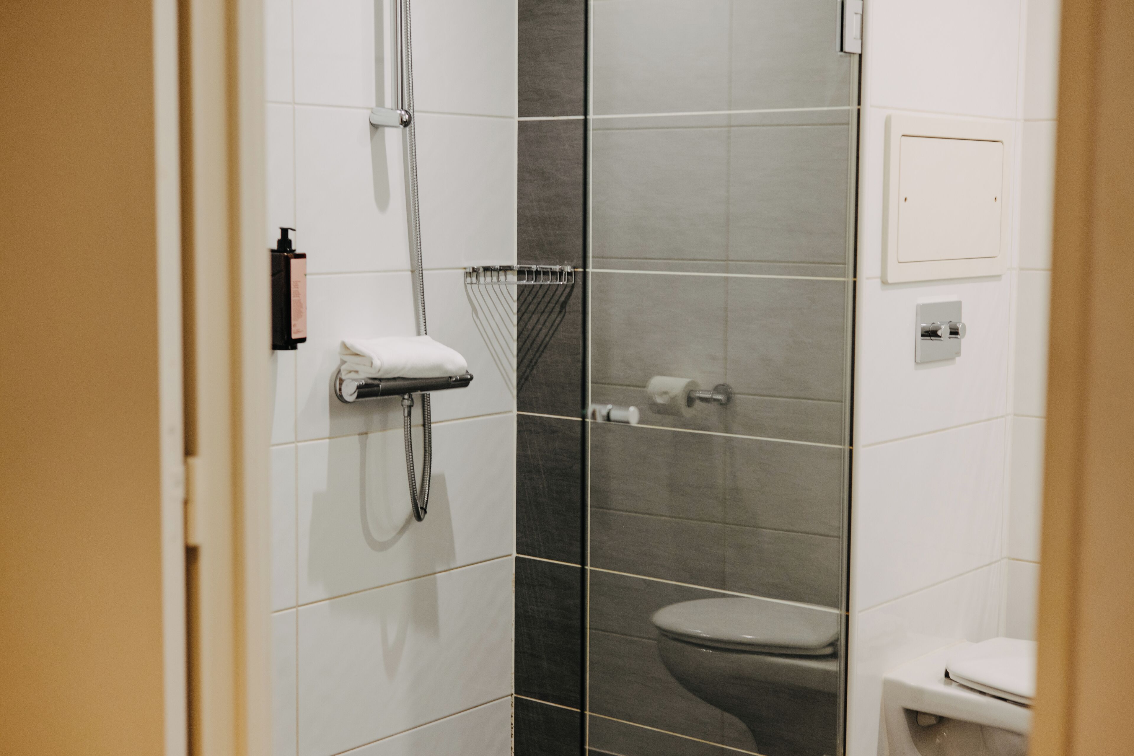 A modern bathroom with a glass shower enclosure, a toilet, and a towel rack.