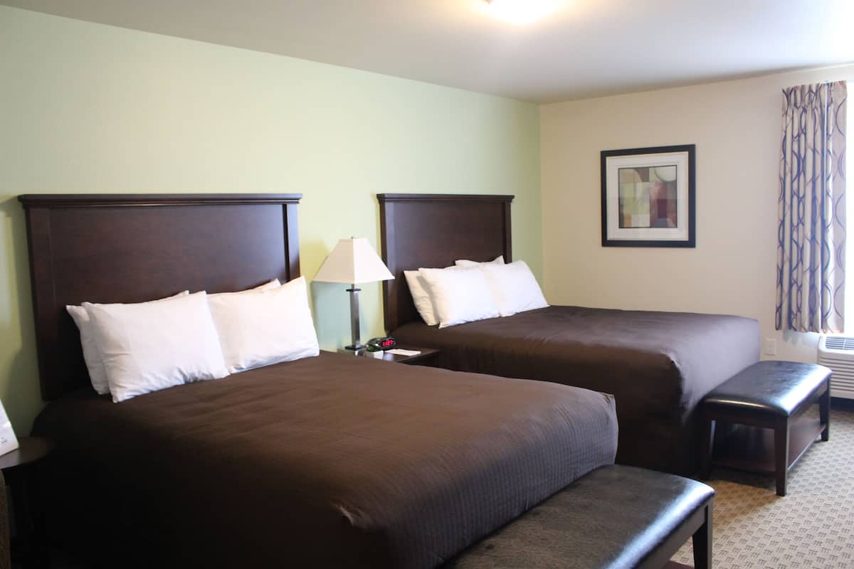 A hotel room with two beds, a nightstand, a lamp, a framed picture on the wall, and a window with curtains.