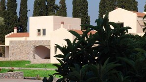 A modern building with a stone facade, large windows, and a flat roof. - Enalia Gi (Mantoudi-Limni-Agia Anna)