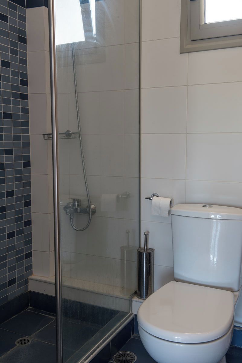 Ein Badezimmer mit einer Duschkabine, einer Toilette und einer Toilettenpapierrolle an der Wand.