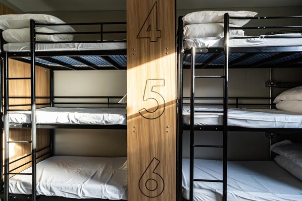 Camas literas en una habitación con los números 4, 5 y 6 en la pared.
