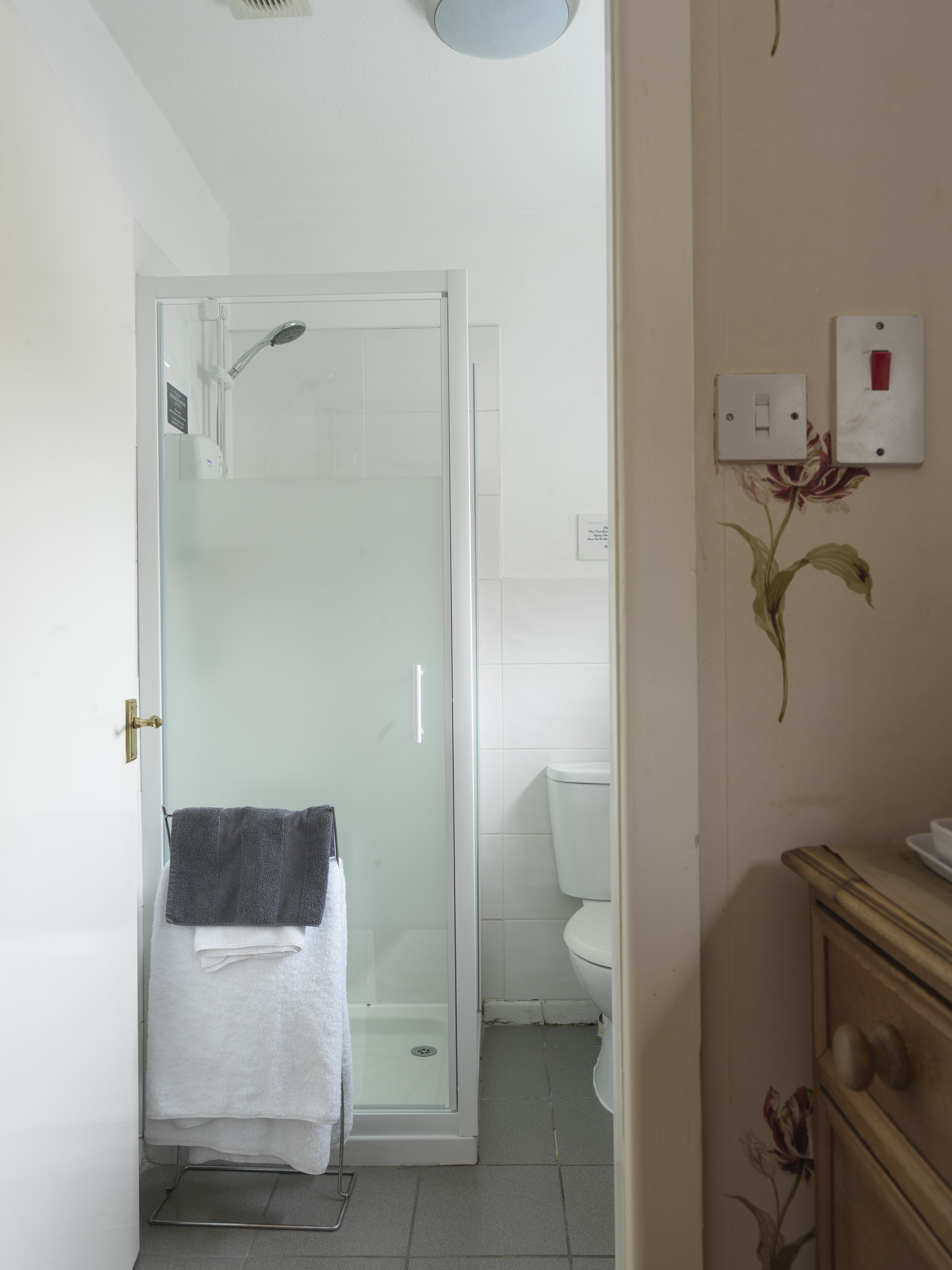 Een badkamer met een douchecabine van glas, een wit toilet en een houten kastje met een bloemenvaas.