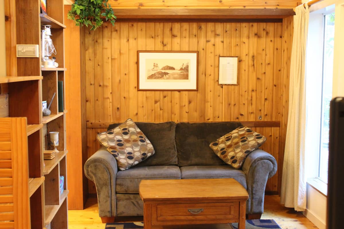 A cozy living room with a wooden wall, a sofa with patterned cushions, a coffee table, and a bookshelf.