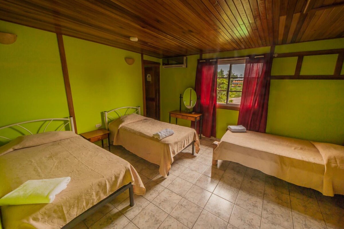 A room with three single beds, a wooden ceiling, green walls, a window with red curtains, and a small table with a mirror.