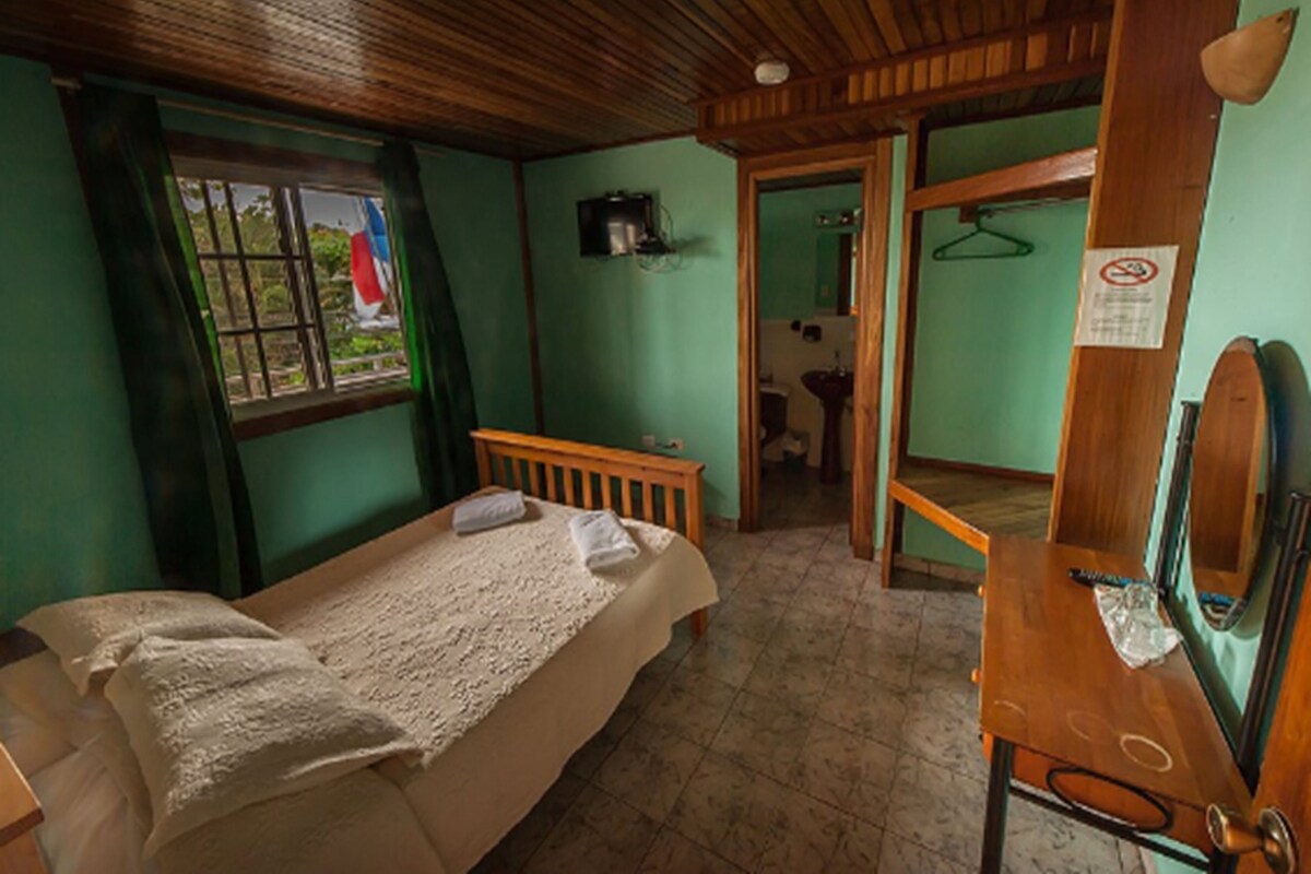 A room with a bed, a wooden desk, a mirror, and a window with curtains.