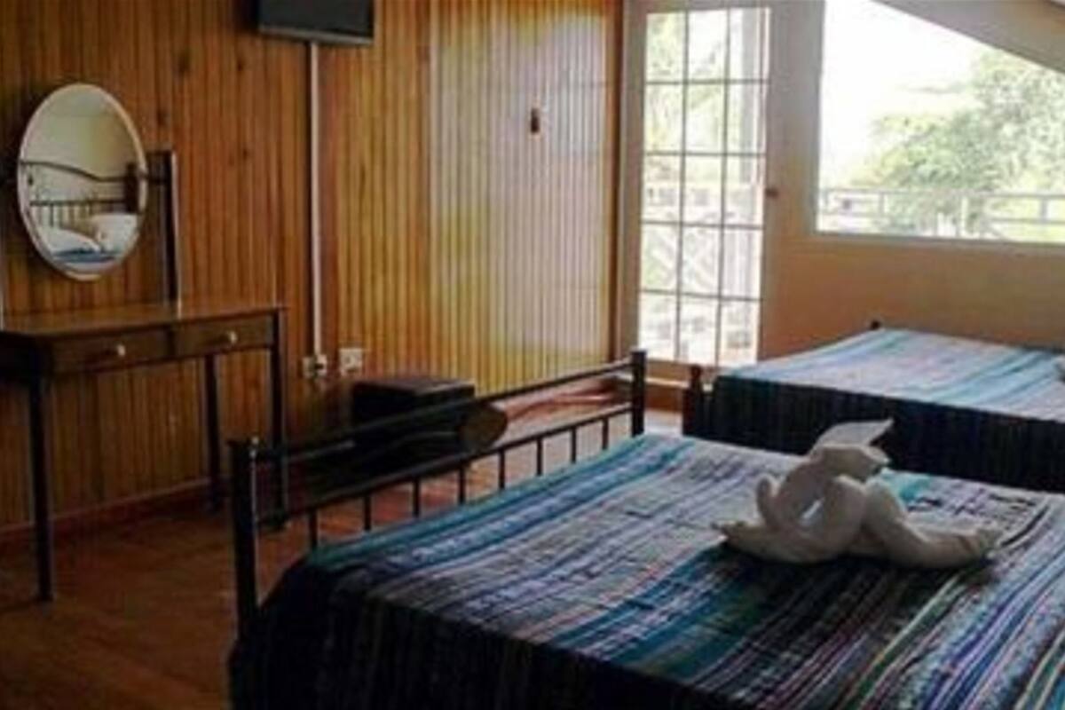 A room with two beds, a wooden wall, a mirror, and a window.