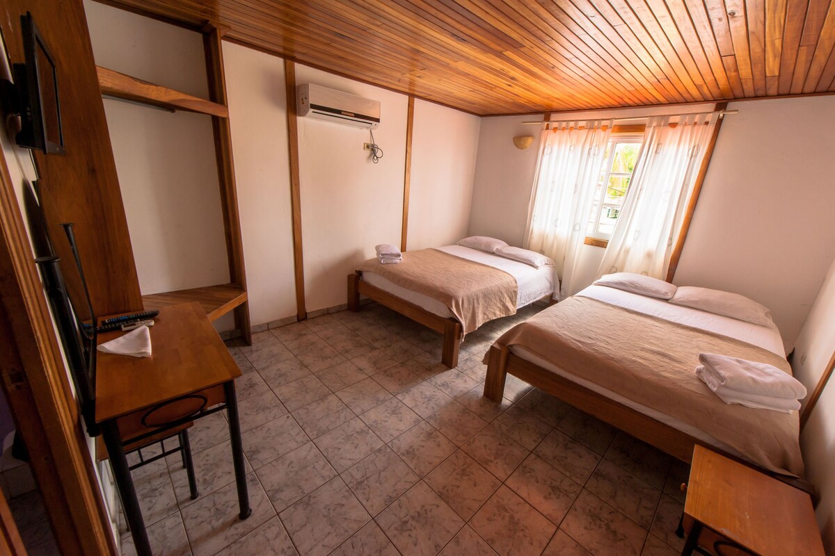 A room with two wooden beds, a desk, and a chair.