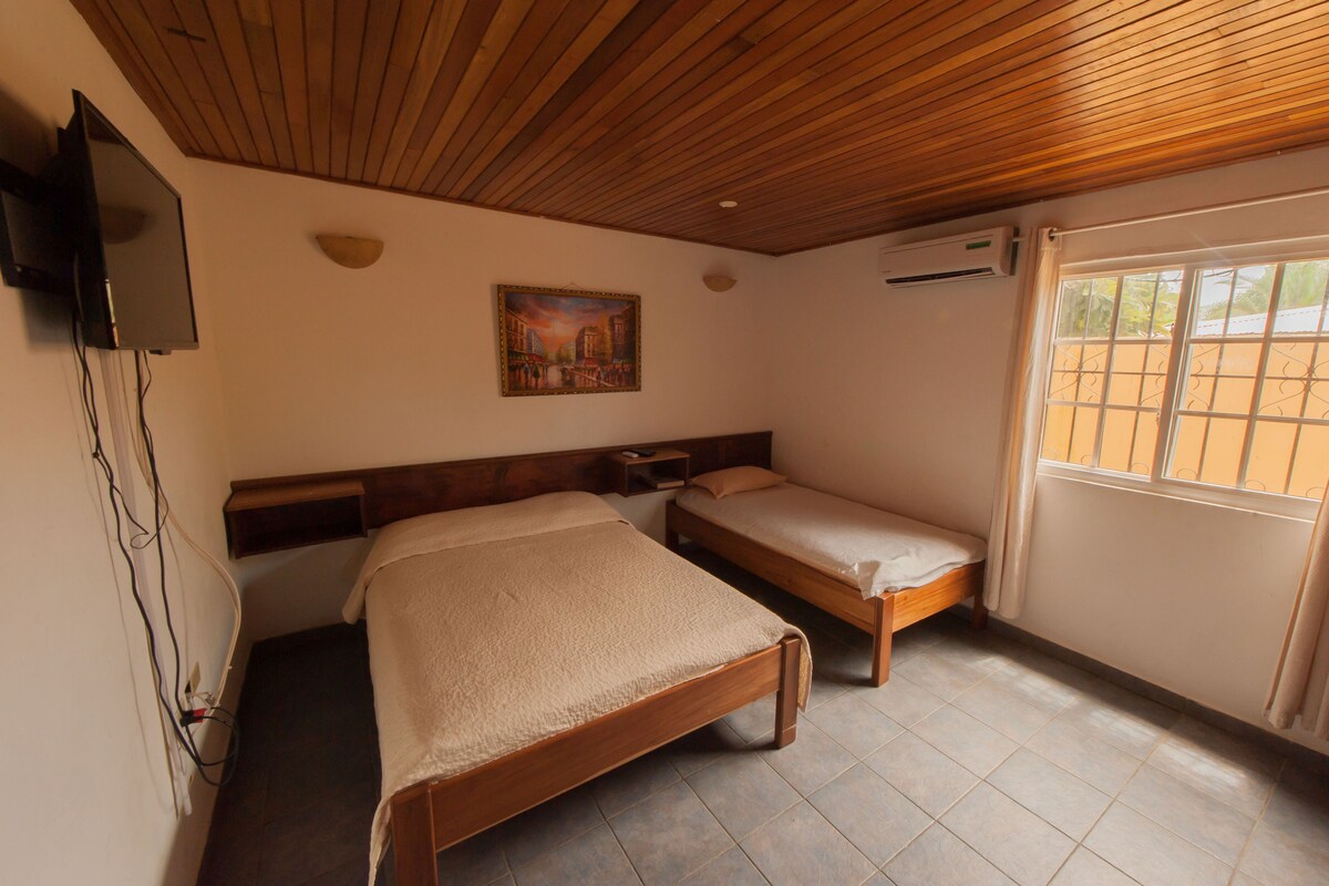 A room with two wooden beds, a mounted TV, a painting on the wall, and an air conditioning unit.