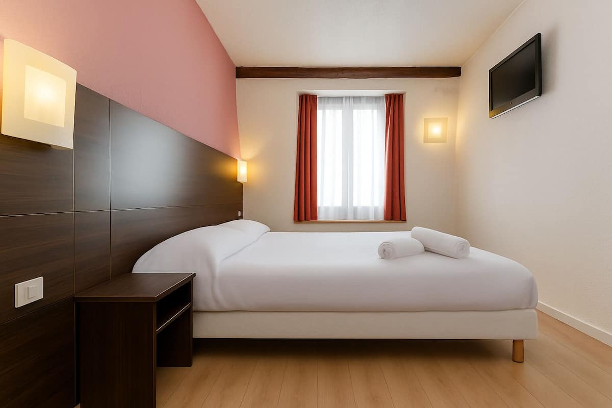 Habitación de hotel con cama, mesita de noche, televisor montado en la pared y ventana con cortinas.