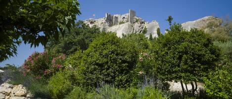 A historic stone building with ruins on a hill, surrounded by lush greenery and flowering plants.