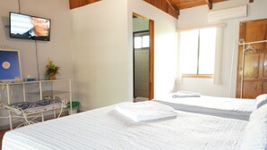 Quarto de hotel com duas camas, uma televisão, uma pequena mesa com uma planta e uma janela com vista.