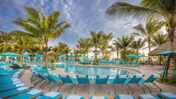 Un espace aménagé au bord de la piscine, avec des chaises longues et des parasols, entouré de palmiers.