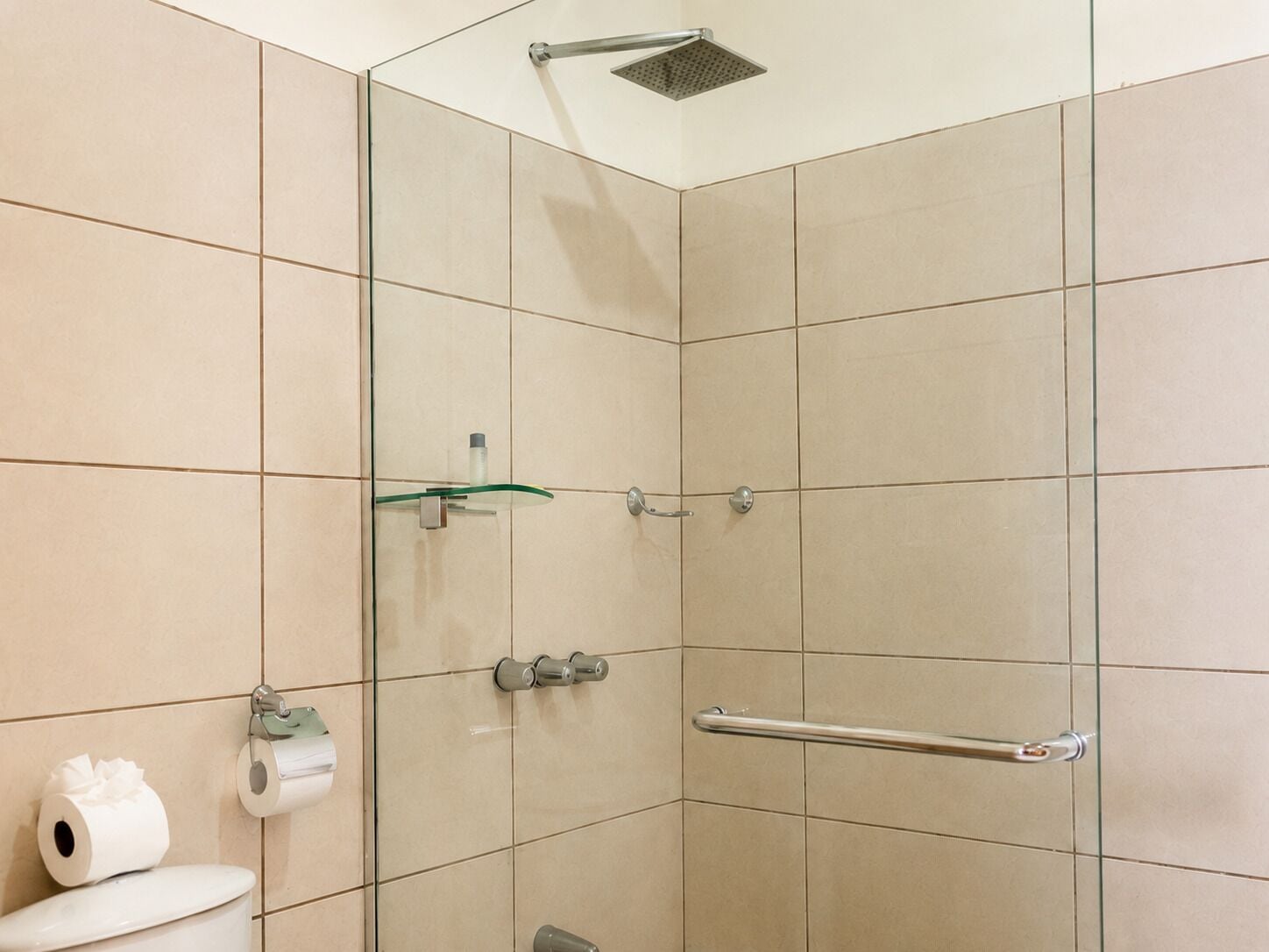 A bathroom with a glass shower enclosure, a toilet with toilet paper, and a glass shelf with a bottle.