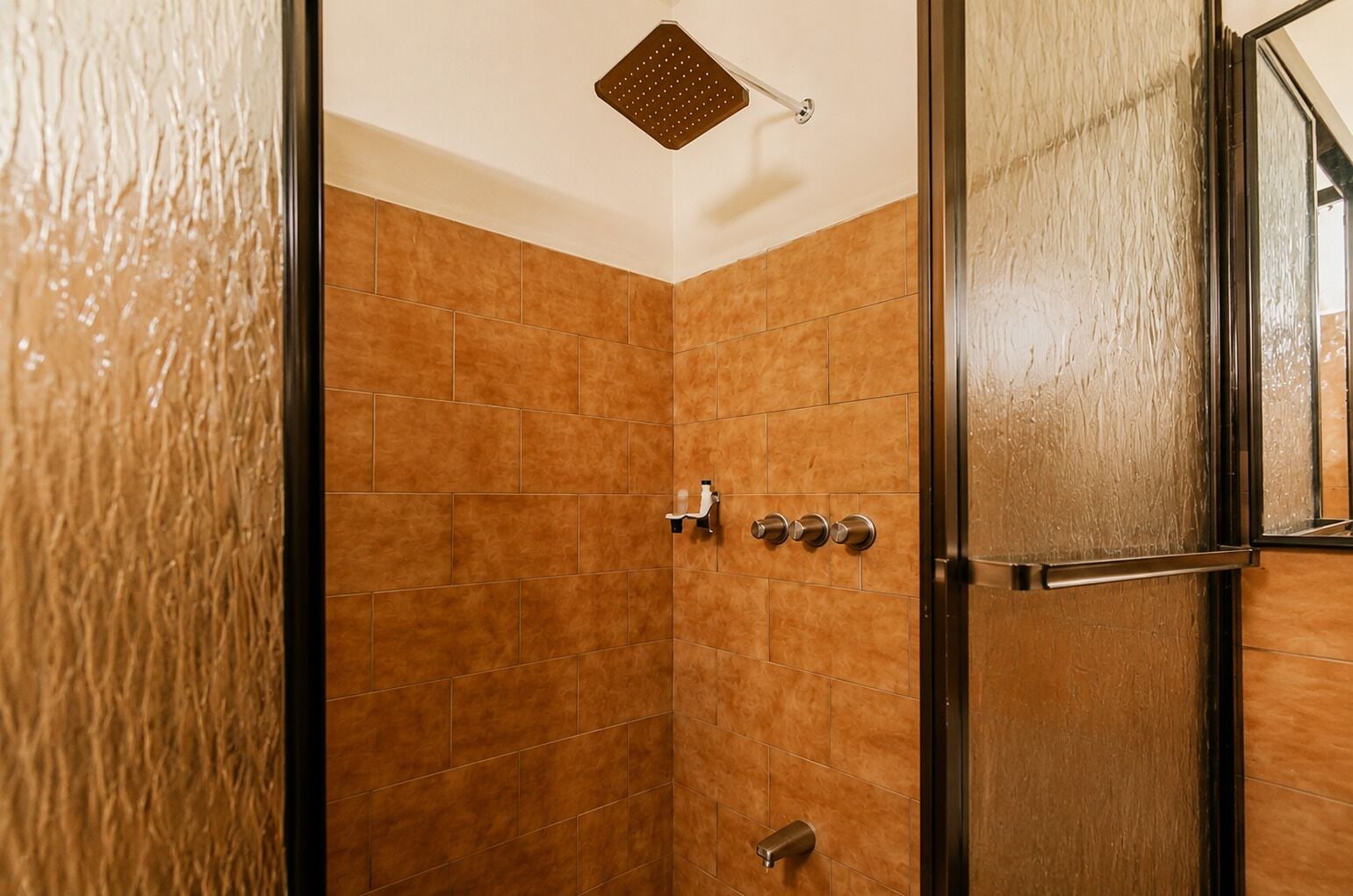 A shower with a glass door, a handheld showerhead, and a wall-mounted faucet.