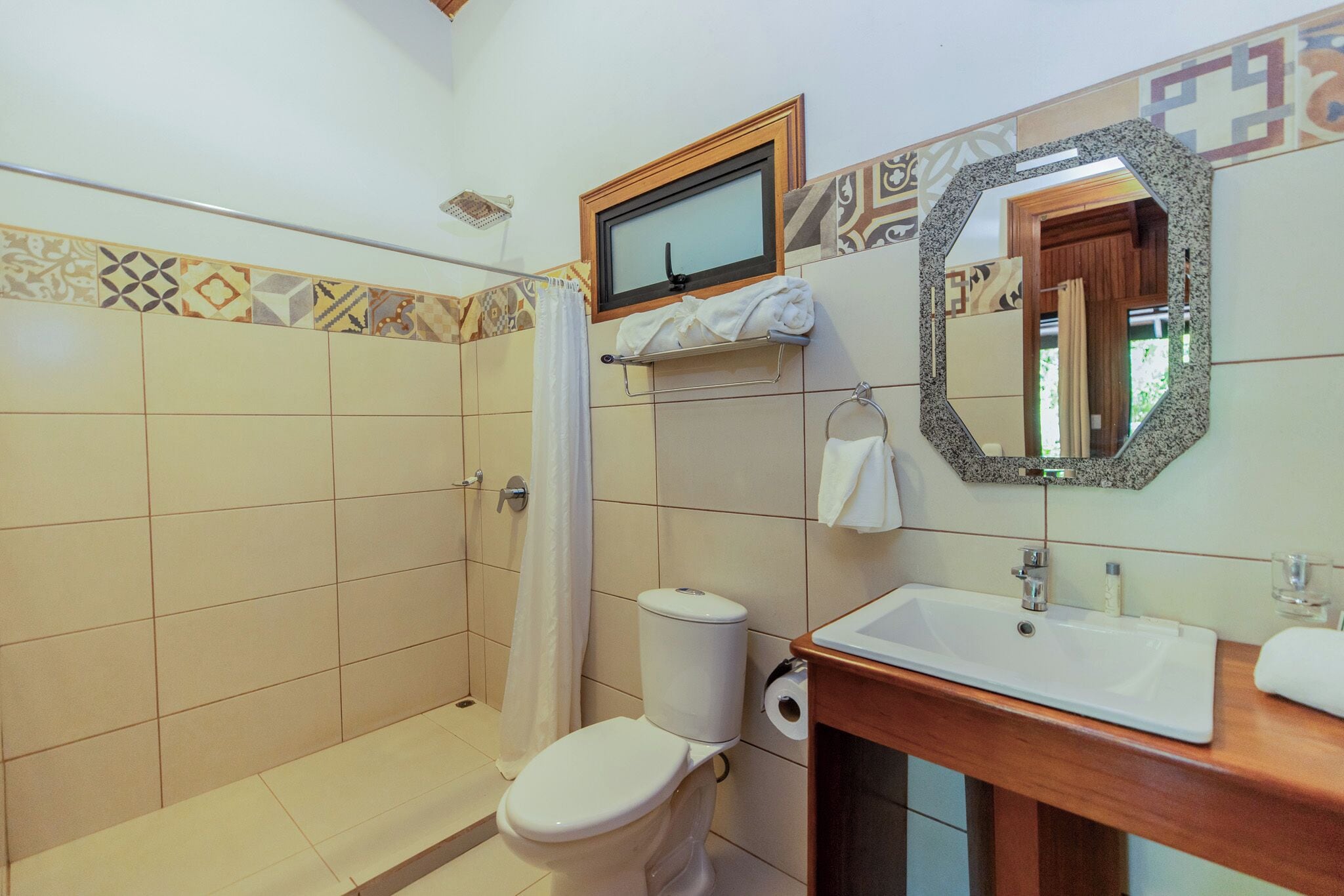 shower, rainfall showerhead, towels