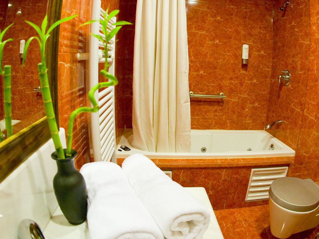 A bathroom with a marble wall, a bathtub, a toilet, a sink, a mirror, and a plant in a vase.