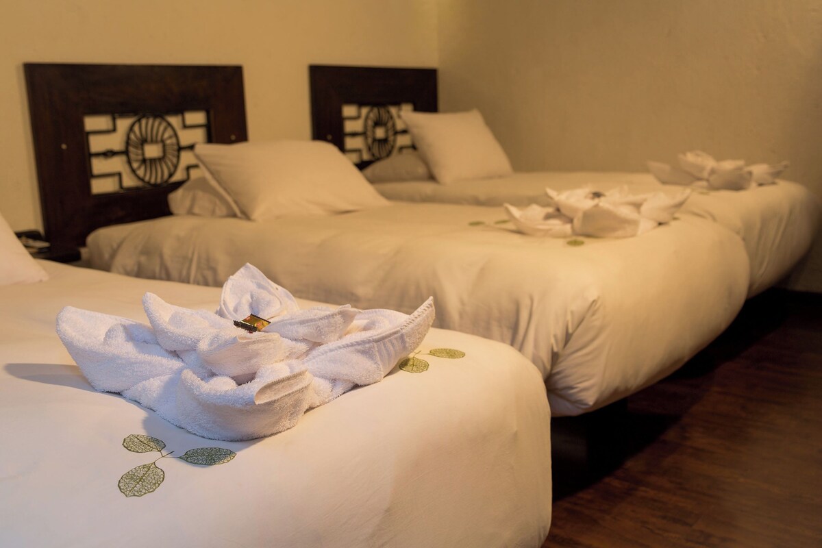 Two neatly made beds with towels and a decorative headboard.