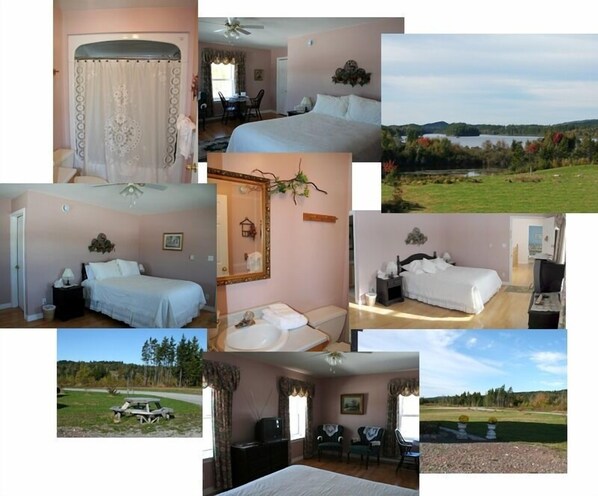 A hotel room with a bed, a desk, a chair, a window, and a view of a lake and forest.